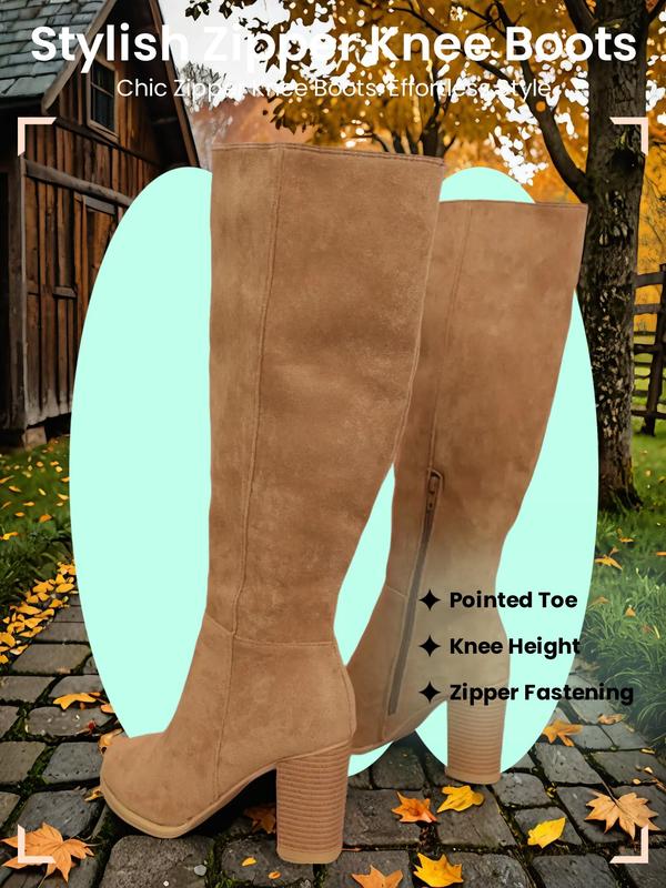 Women's Fashionable Solid Color Zipper Knee Boots, Casual Comfortable Pointed Toe Boots for Daily Wear, Female All-match Trendy Shoes for Daily Wear, Winter Shoes