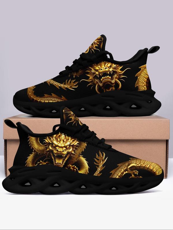 Men's Dragon Print Lace Up Low Top Sneakers, 2024 New Style Casual Comfortable Breathable Sports Running Shoes, Fashionable Sneakers for Daily Wear