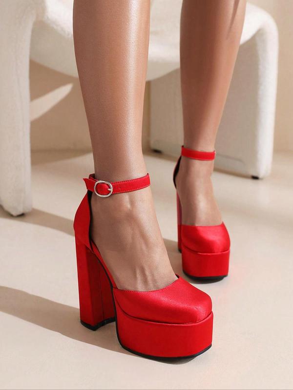 Women's Fashionable Solid Color Square Toe High Heel Shoes, with Chunky Heels, Sexy Elegant Buckle Design Heels for Party, Daily Clothing Decor