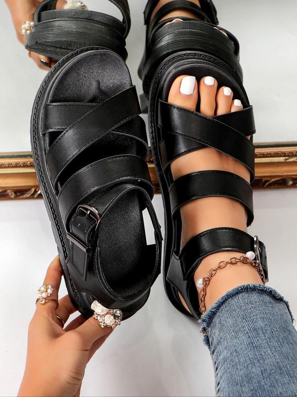 Women's Minimalist Fashion Plain Criss Cross Strap Buckle Sandals, Casual Comfortable Non-slip Round Toe Flatform Sandals, Summer Shoes for Daily & Back To School