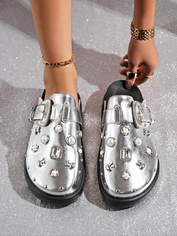 Women's Fashion Rhinestone & Faux Pearl Decorated Slides, Casual Comfortable Platform Slippers for Beach, All-match Slide Slippers for Daily Wear