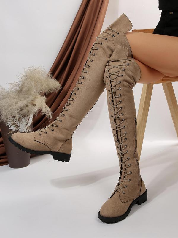 Lace Up Front Simple Over-the-knee Boots for Women, Elegant Fashionable Solid Round Toe Cowgirl Boots for Daily Wear, Fashion Women Shoes for Party, Daily Clothing Decor for Women