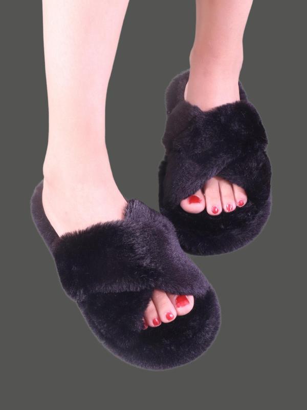 Women's Plush House Slippers, Cute Cozy Fuzzy Slippers, Criss Cross Design Non-slip Soft Home Fluffy Shoes for Fall & Winter, Warm Home Slippers