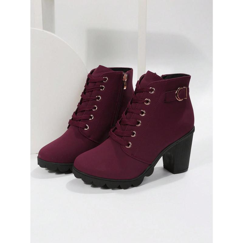 Women Ankle Boots And Short Boots, Burgundy, High Heels, Lace-Up, Side Zipper Design Girl Shoe