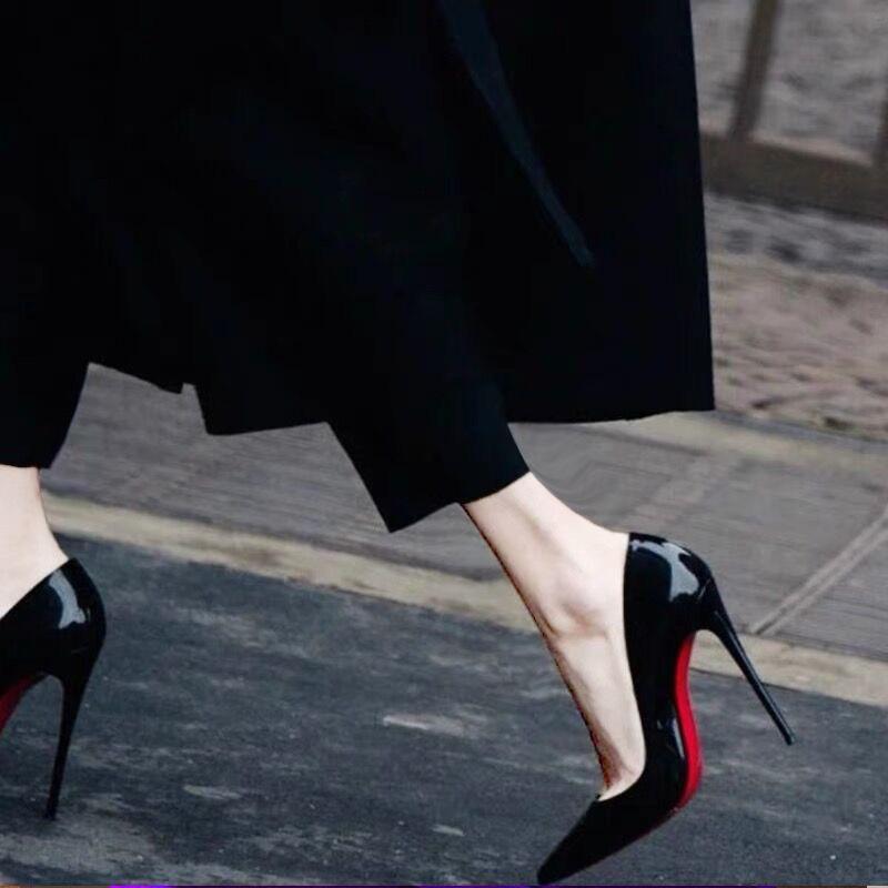 Black and Red Background High Heels Women's New Pointed Stiletto Heel Glossy Pumps Patent Leather Women's Shoes