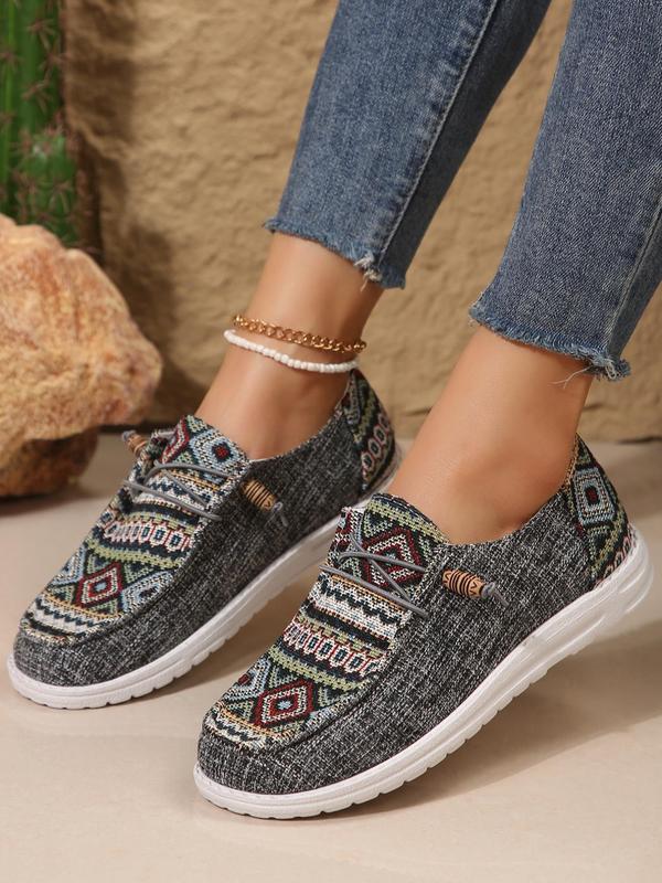 Women's Ethnic Pattern Lace Up Low Top Sneakers, Casual Comfortable Fabric Sports Shoes, Female All-match Round Toe Shoes for Daily Wear