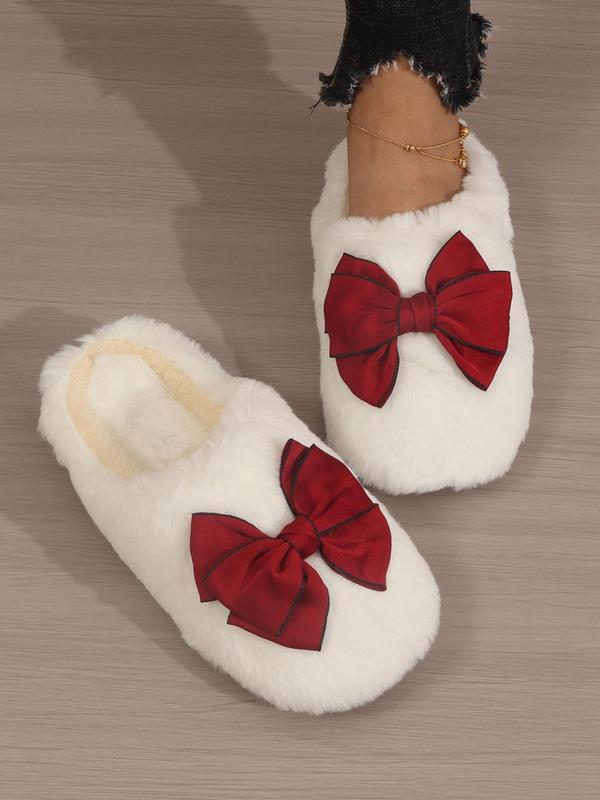 Women's White Bow Decor Soft Cushioned Slippers, Cute Comfort Plush Bedroom Slides for Fall & Winter, Girl Footwear Shoes, Girl's Comfort Walking Shoes, Footwear