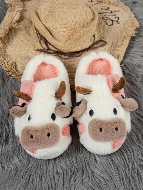 2024 New Arrival Cute Fluffy Novelty Cow Slippers, Matching Soft Plush Fuzzy Warm House Slippers for Women, Cozy Bedroom Slippers for Back To School As Gift, Designer Slides Fur Slippers