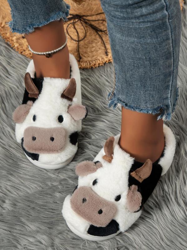 2024 New Arrival Cute Fluffy Novelty Cow Slippers, Matching Soft Plush Fuzzy Warm House Slippers for Women, Cozy Bedroom Slippers for Back To School As Gift, Designer Slides Fur Slippers