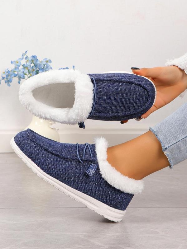 Solid Color Lace Up Front Fluffy Slip-on Shoes, Comfortable Warm Fuzzy Plush Thermal Lined Women Shoes, All Match Sneakers Walking Shoes, 2024 Fall & Winter Footwear, Girlfriend Gifts,  Birthday Gifts