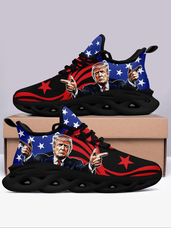 Men's Star & Flag Print Lace Up Low Top Sneakers, Casual Comfortable Breathable Sports Running Shoes, Male All-match Round Toe Shoes for Daily Wear