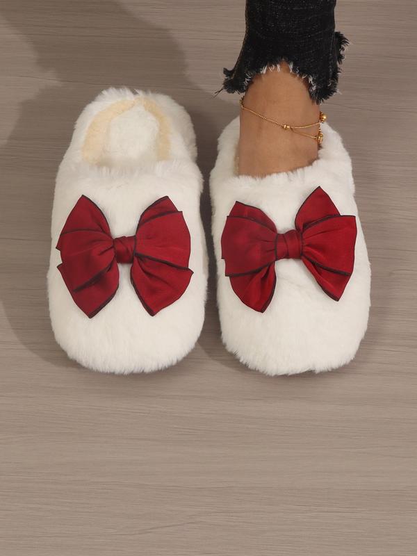 Women's White Bow Decor Soft Cushioned Slippers, Cute Comfort Plush Bedroom Slides for Fall & Winter, Girl Footwear Shoes, Girl's Comfort Walking Shoes, Footwear