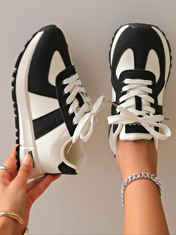 Women's Fashion Colorblock Lace Up Low Top Sneakers, Casual Comfortable Sports Running Shoes, All-match Round Toe Chunky Sneakers for Daily Wear