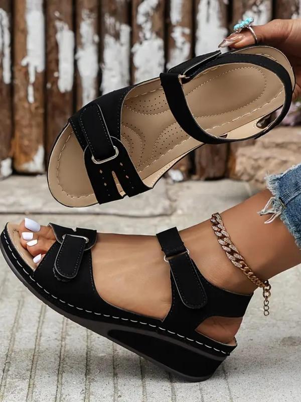 Women's Fashionable Plain Color Cross Strap Velcro Design Wedge Sandals, Casual Open Toe Sandals for Daily Wear, Retro Fashionable Shoes for Women