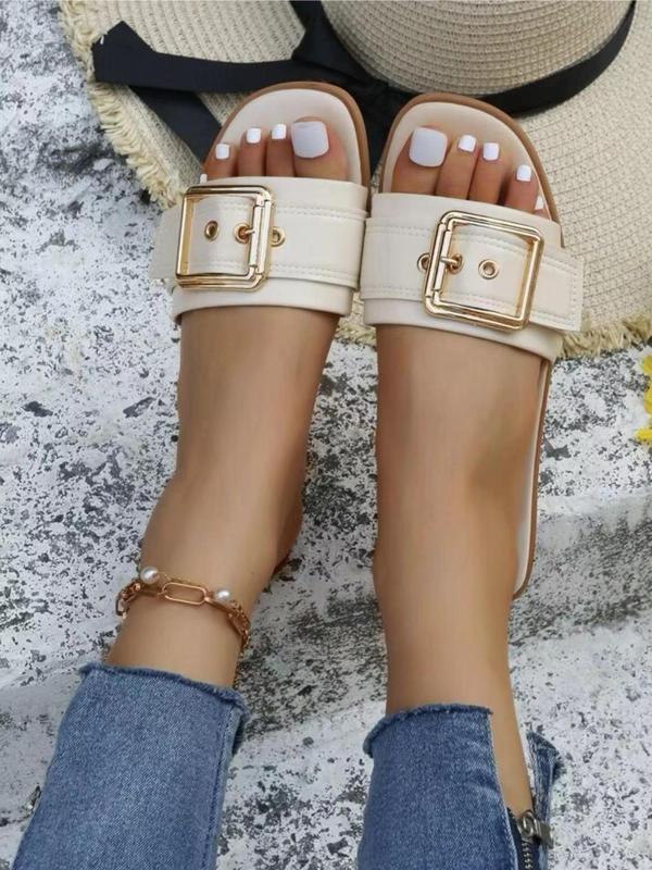 Women's Fashionable Plain Color Buckle Design Slide Sandals, Casual Comfortable Flat Popular 2024 Summer Shoes, Lightweight Breathable Shoes for Daily Wear