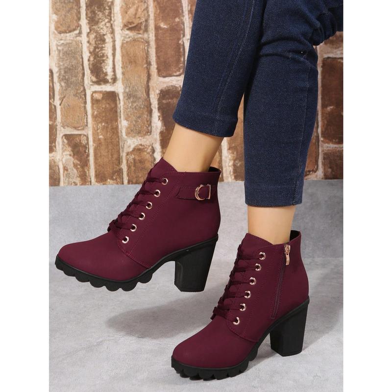 Women Ankle Boots And Short Boots, Burgundy, High Heels, Lace-Up, Side Zipper Design Girl Shoe