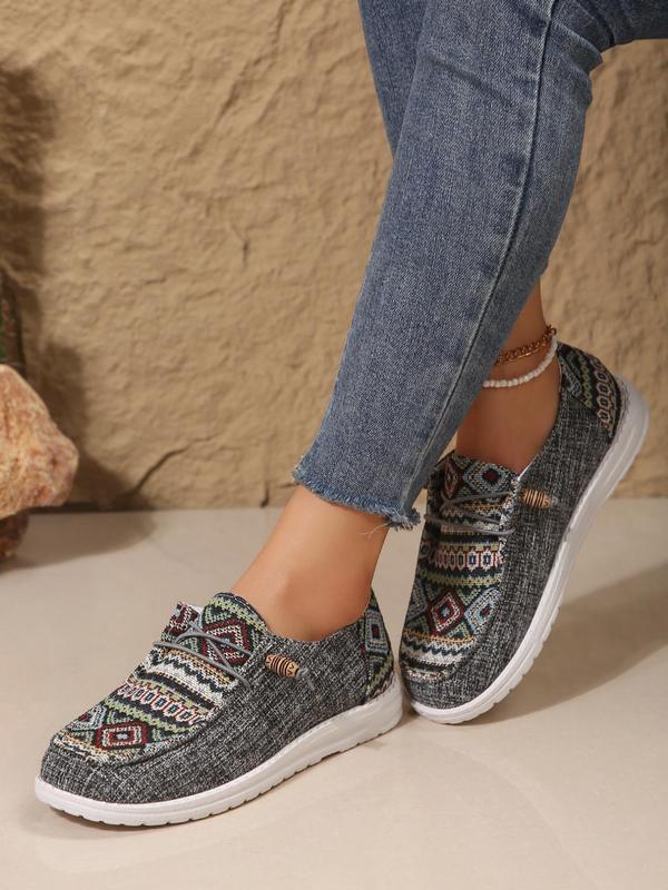 Women's Ethnic Pattern Lace Up Low Top Sneakers, Casual Comfortable Fabric Sports Shoes, Female All-match Round Toe Shoes for Daily Wear