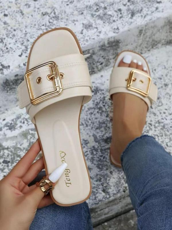 Women's Fashionable Plain Color Buckle Design Slide Sandals, Casual Comfortable Flat Popular 2024 Summer Shoes, Lightweight Breathable Shoes for Daily Wear