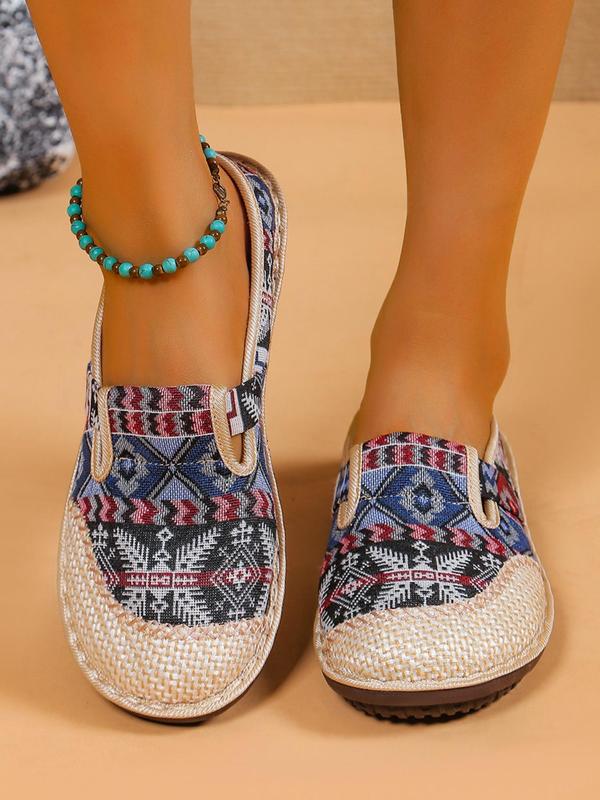 Colorful Ethnic Pattern Braided Slip on Flats, Lightweight Round Toe Shoes for Daily Wear, Breathable Shoes for Daily Wear