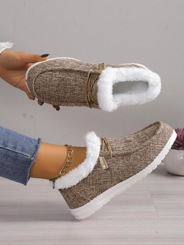 Solid Color Lace Up Front Fluffy Slip-on Shoes, Comfortable Warm Fuzzy Plush Thermal Lined Women Shoes, All Match Sneakers Walking Shoes, 2024 Fall & Winter Footwear, Girlfriend Gifts,  Birthday Gifts