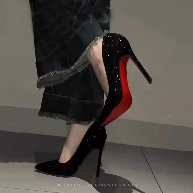 Black and Red Background High Heels Women's Stiletto Heel Spring and Autumn New Sequins Crystal Wedding Shoes Pointed Toe Professional Pumps