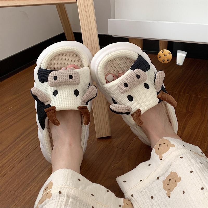 Cute Cartoon Cow Slipper for Women Open Toe Soft Anti-slip House Shoes