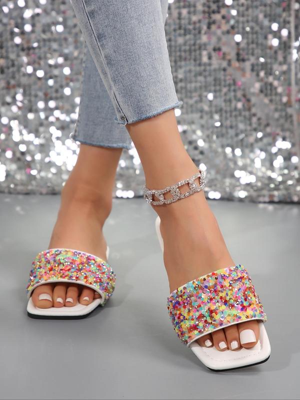 Women's Fashionable Rhinestone & Sequins Decorated Slip on Flat Sandals, Casual Open Toe Sandals for All Seasons, New Trend All-match Sandals for Daily Wear