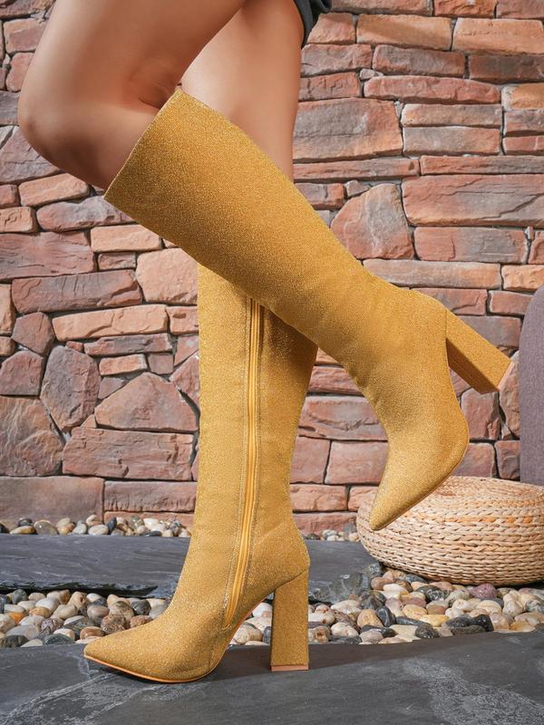 Women's New Trendy Glitter High Heel Boots,  Boots for Women, Fashionable Pointed Toe Side Zip Knee Boots for Party for Fall & Winter, Y2k Shoes for Party, Girl Walking Shoes, Girl Footwear Gift Thigh High Boots