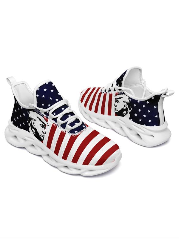 Men's Fashionable Random American Flag Print Lace Up Sneakers, Casual Comfortable Breathable Sports Running Shoes, Male All-match Round Toe Shoes for Daily Wear