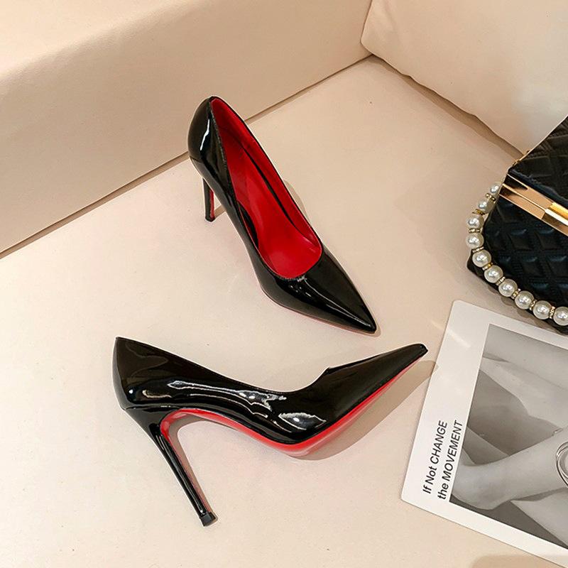 Black with Red Background High Heels Women's Stiletto Heel Night Show New Bed Patent Leather Pure Desire Pumps