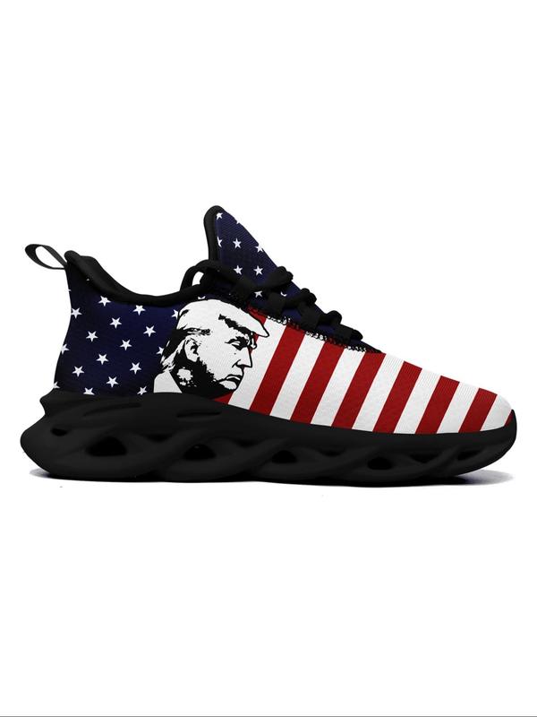 Men's Fashionable Random American Flag Print Lace Up Sneakers, Casual Comfortable Breathable Sports Running Shoes, Male All-match Round Toe Shoes for Daily Wear