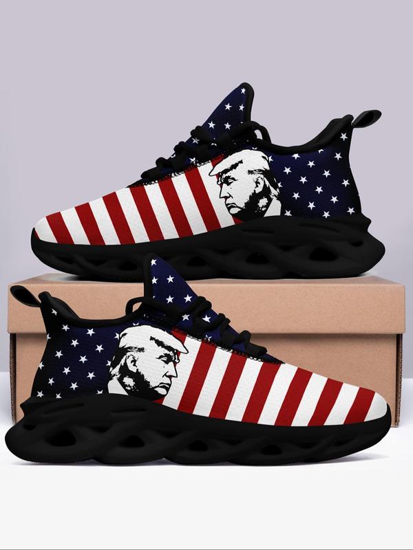 Men's Fashionable Random American Flag Print Lace Up Sneakers, Casual Comfortable Breathable Sports Running Shoes, Male All-match Round Toe Shoes for Daily Wear