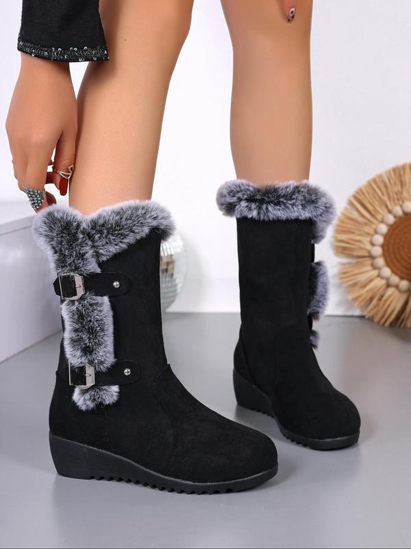 Women's Contrast Faux Fur Belted Design Snow Boots, Casual Comfortable Warm Thick Sole Non-slip Boots, Holiday Gift, Outdoor Sports Boots for Fall & Winter