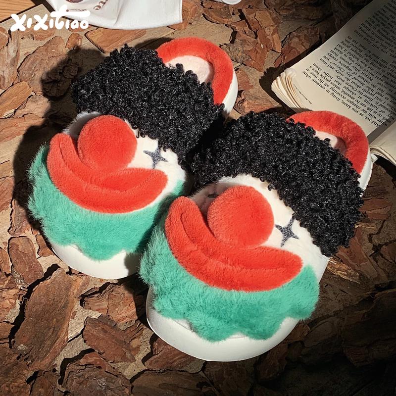 XIXITIAO Cute Halloween Clown Slippers for Women Men,Cartoon Plush Home Slides,Warm Winter Footwear Indoor Outdoor,Comfort Walking Shoes Girl Flipflop