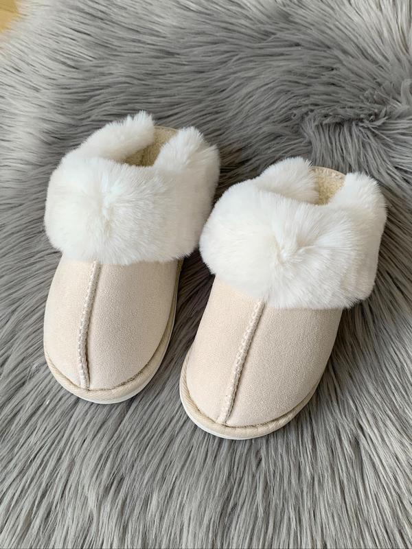 Women's Solid Color Contrast Faux Fur Slippers, Casual Soft Comfortable Home Slippers for Fall & Winter, Fluffy House Shoes for Indoor and Outdoor Fluffy Slippers