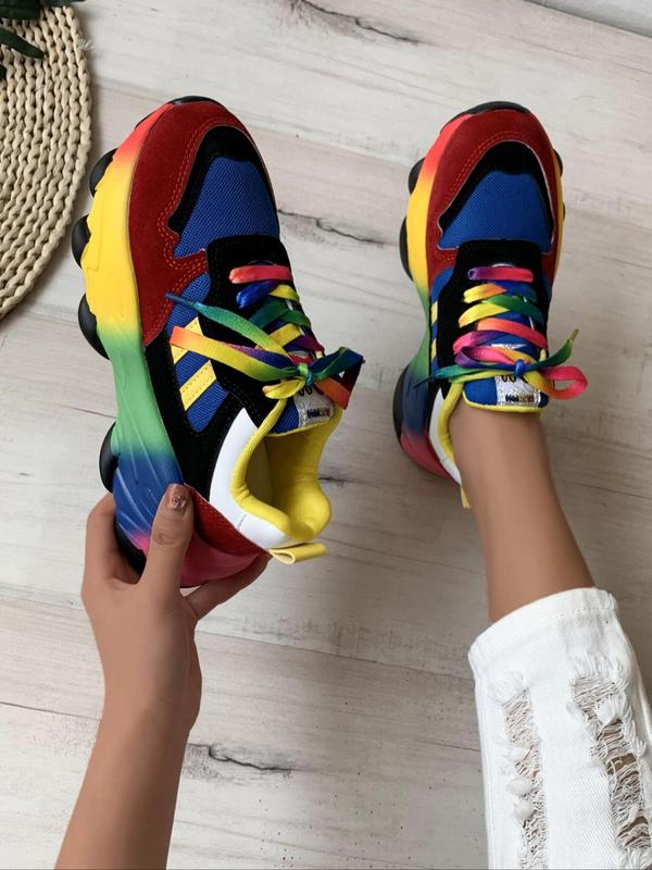 Women's Fashionable Rainbow Colorblock Lace Up Mid Top Sneakers, Casual Comfortable Breathable Sports Running Shoes, Female All-match Round Toe Shoes for Daily Wear