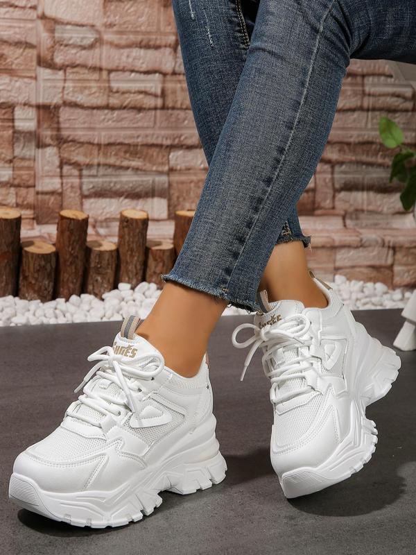 Women's Fashionable Plain Lace Up Low Top Chunky Sneakers, 2024 New Style Casual Comfortable Sports Shoes for Daily Wear, Perfect for Students and Outdoor Sports