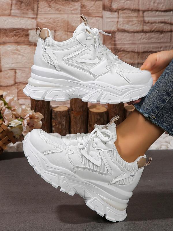 Women's Fashionable Plain Lace Up Low Top Chunky Sneakers, 2024 New Style Casual Comfortable Sports Shoes for Daily Wear, Perfect for Students and Outdoor Sports