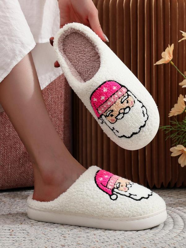 Christmas Themed Santa Claus Embroidered Plush Slippers, Casual Soft Comfortable Home Slippers for Women & Men, Fashionable Slippers for Indoor & Outdoor Wear