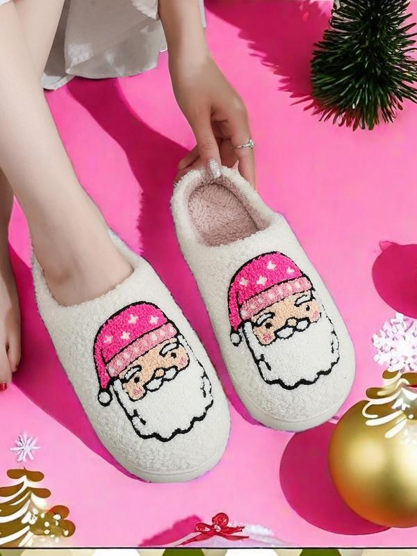 Christmas Themed Santa Claus Embroidered Plush Slippers, Casual Soft Comfortable Home Slippers for Women & Men, Fashionable Slippers for Indoor & Outdoor Wear