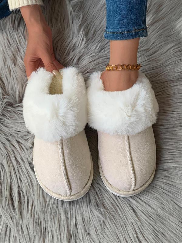 Women's Solid Color Contrast Faux Fur Slippers, Casual Soft Comfortable Home Slippers for Fall & Winter, Fluffy House Shoes for Indoor and Outdoor Fluffy Slippers