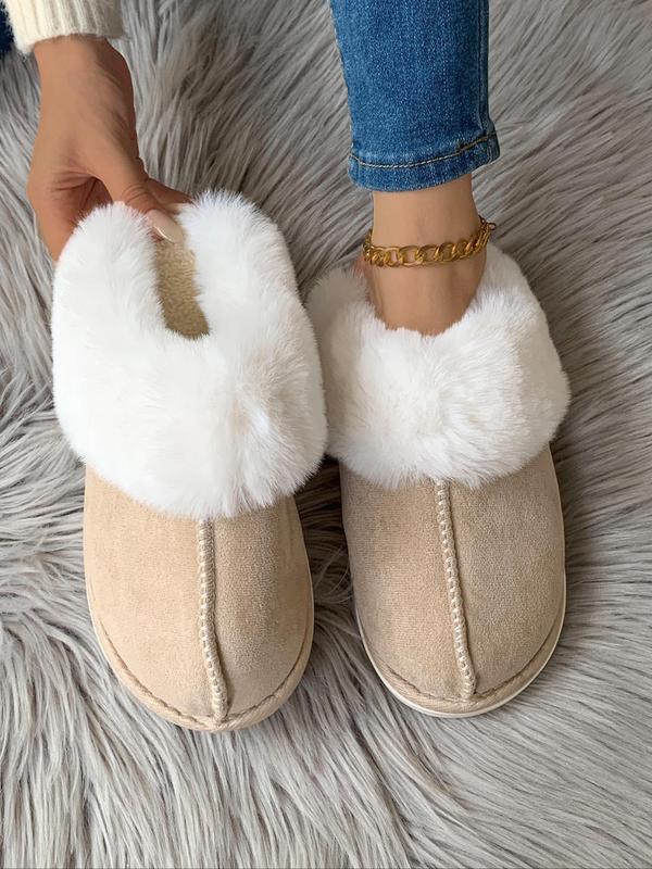 Women's Solid Color Contrast Faux Fur Slippers, Casual Soft Comfortable Home Slippers for Fall & Winter, Fluffy House Shoes for Indoor and Outdoor Fluffy Slippers