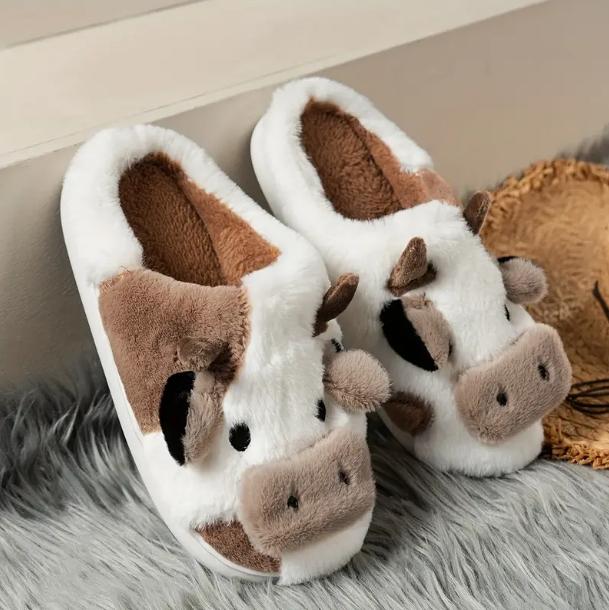 Animal Cotton Slippers Shoe Flipflop Fur Milk Cow Slippers Cute Cartoon Cow Dog Slippers for Women Men Kawaii Fuzzy Slippers Cozy Soft Cloud Slippers Warm Comfy House Slippers for Women Indoor Outdoor Warmth in Winter Non-Slip Plush Preppy Slippers