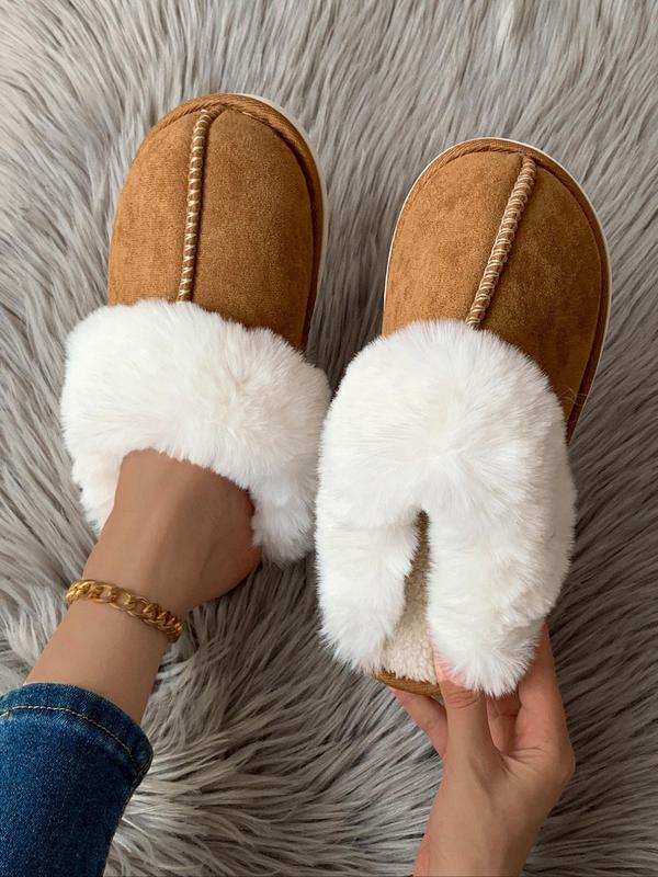 Women's Solid Color Contrast Faux Fur Slippers, Casual Soft Comfortable Home Slippers for Fall & Winter, Fluffy House Shoes for Indoor and Outdoor Fluffy Slippers