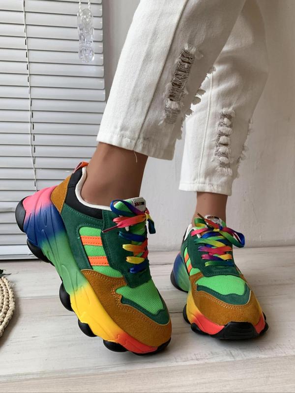 Women's Fashionable Rainbow Colorblock Lace Up Mid Top Sneakers, Casual Comfortable Breathable Sports Running Shoes, Female All-match Round Toe Shoes for Daily Wear