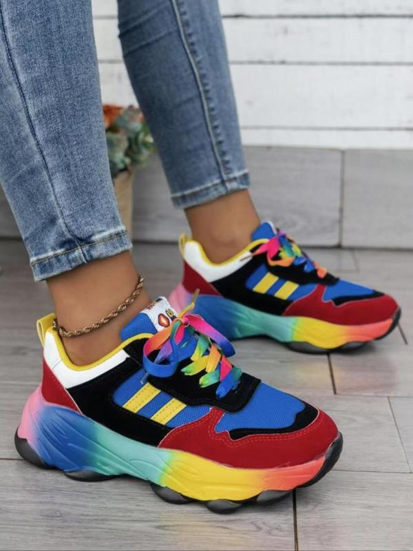 Women's Fashionable Rainbow Colorblock Lace Up Mid Top Sneakers, Casual Comfortable Breathable Sports Running Shoes, Female All-match Round Toe Shoes for Daily Wear