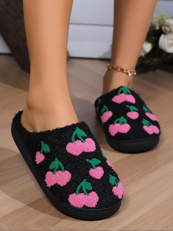 Women's Cherry Print Plush Slippers, 2024 New Style Casual Soft Comfortable Home Slippers, Warm Slippers for Indoor & Outdoor Use for Fall & Winter