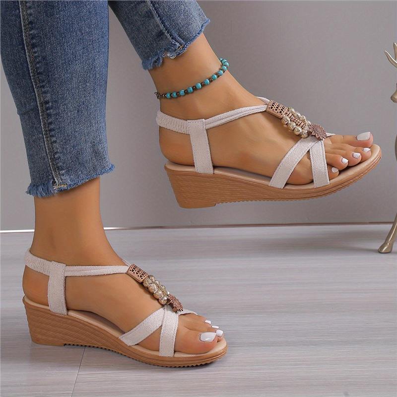 Women's Summer Wedge Sandals, Beads Decor Elastic Band Slip On Shoes, Boho Style Casual Open Toe Sandals Footwear Walking Shoes Girl Comfort Knee