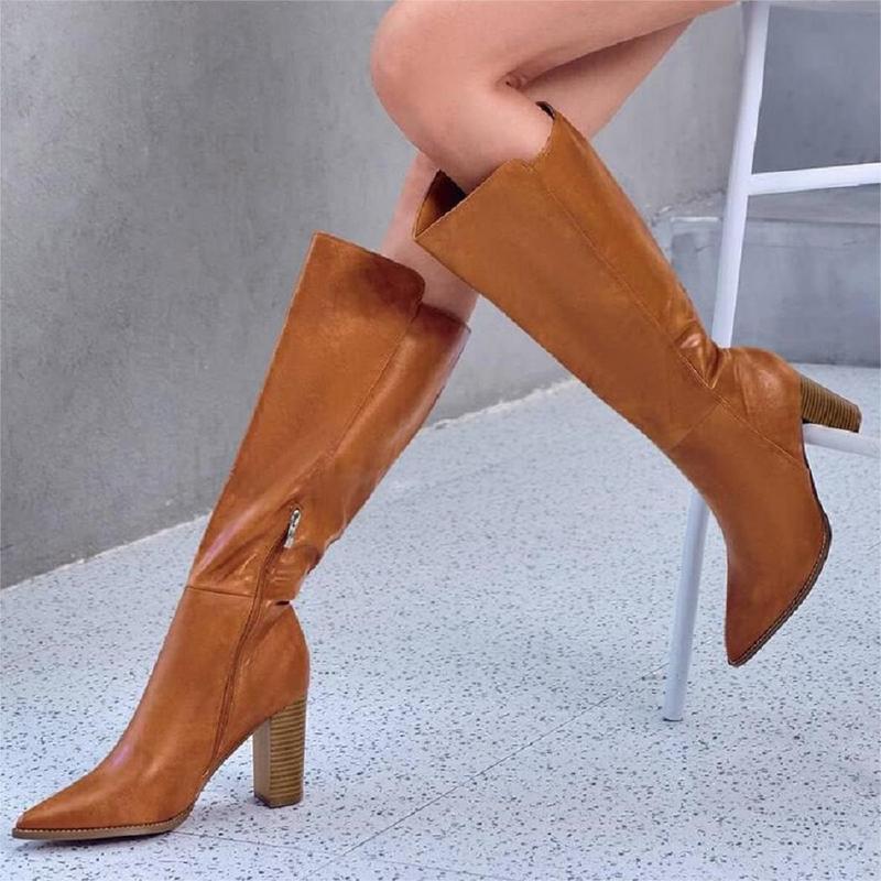 Women's Wide Calf Knee High Boots Stacked Block High Heel Bootie Side Zip Pointed Toe Heeled Booties