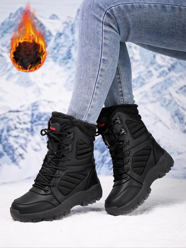 Women's Fashionable Patchwork Lace Up Snow Boots, Casual Comfortable Warm Thick Sole Boots for Winter, Female All-match Round Toe Shoes for Daily Wear